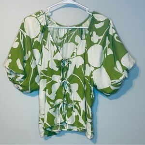 Christian Siriano Green and Cream Floral Blouse with 3 bows on front Size L